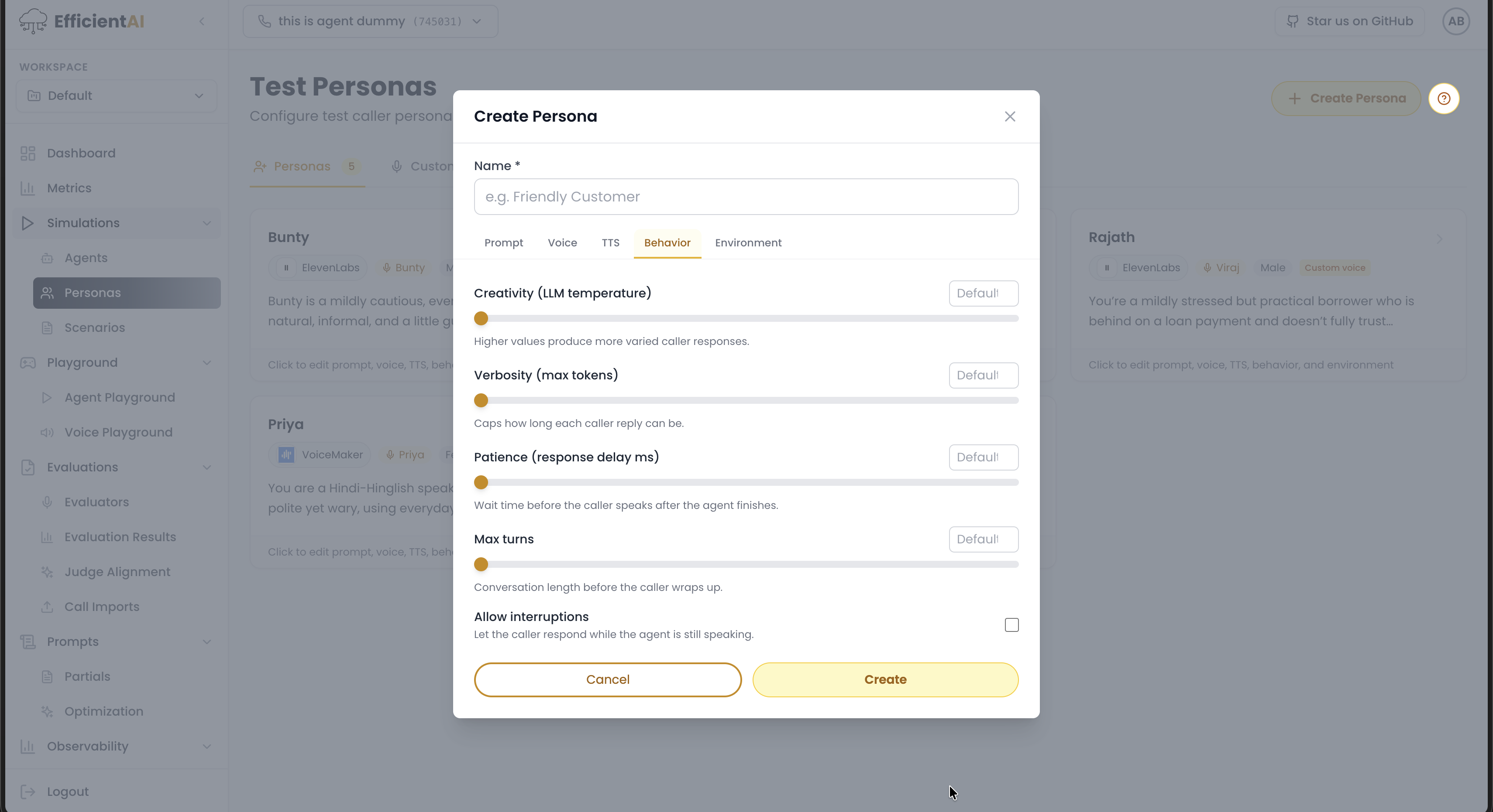 Persona behavior settings
