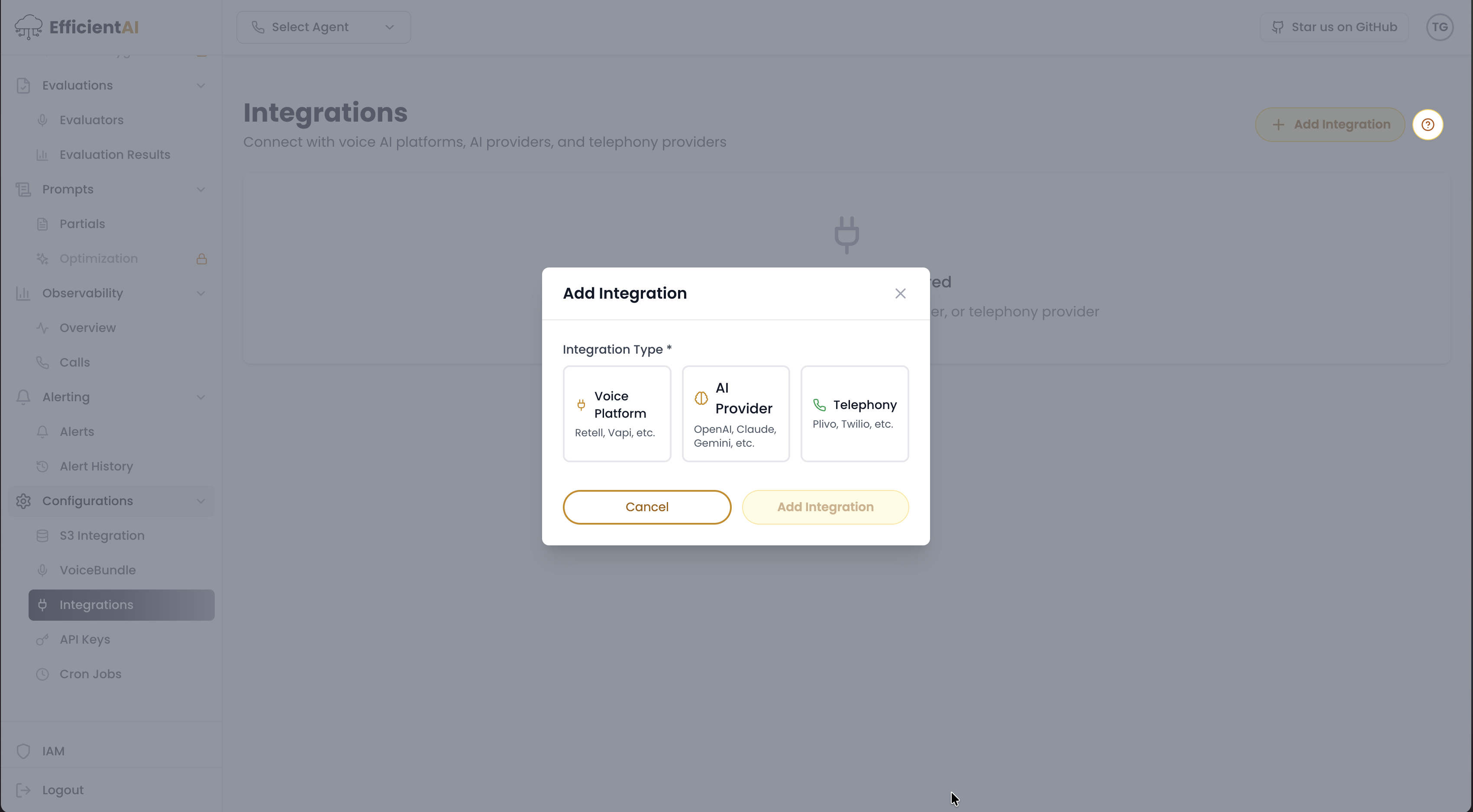 Integrations configuration page